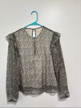 Sheer Floral Ruffle-Shoulder Blouse - Black/Gray